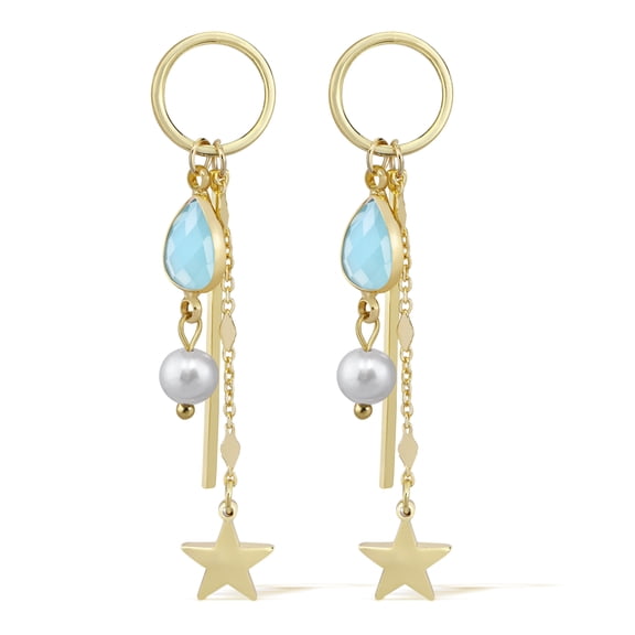 Vintage Blue Quartz Chain Dew Drop & Star Gold Over .925 Silver Dangle Earrings