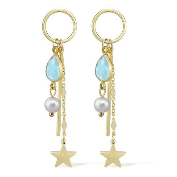 Vintage Blue Quartz Chain Dew Drop & Star Gold Over .925 Silver Dangle Earrings