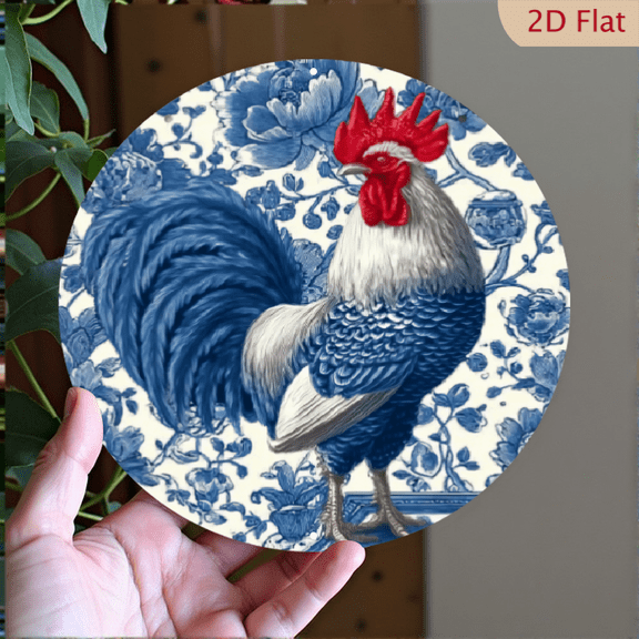 Vintage Blue Rooster Wall Art, Round Metal Chinoiserie Sign For Home, 1pc, 8" Round Aluminum Wall Art Sign, Metal Signs, Wall Decor For Kitchen, Door, Office, Room, Home, Farmhouse Decor, Ideal Gifts