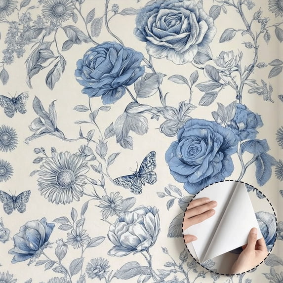 Vintage Blue Rose Butterfly Wallpaper, Boho Farmhouse Floral Wall Decoration, Peel and Stick Wallpaper Waterproof Contact Paper, Removable for Bedroom, Living Room, Kitchen Cabinet, 17.7 * 118 in