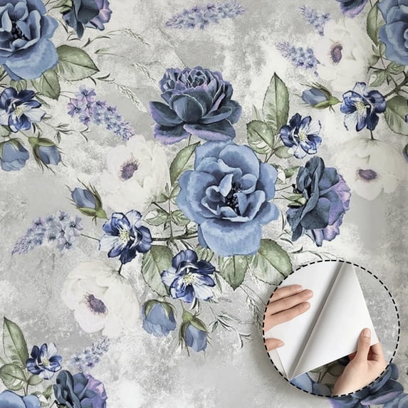 Vintage Blue Rose Floral Wallpaper, Elegant Boho Style Contact Paper, Self adhesive and removable, waterproof Wall Decoration for Living Room, Bedroom, Kitchen Cabinet, Shelf, 17.7 * 118 in