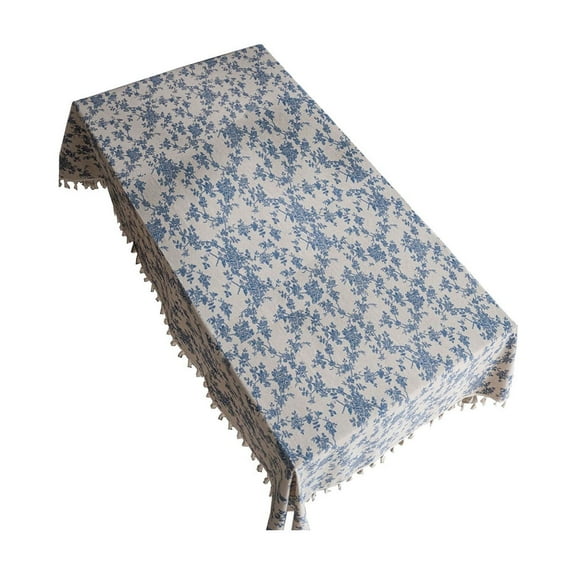 Vintage Blue Rose Tablecloth - Blue Cotton Linen Tassel Cover, Dirt-Resistant for Wedding Party Home Dining Coffee Table Decor