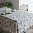 thumbnail image 1 of Vintage Blue Roses Cotton Linen Tassel Tablecloth | Picnic Wedding Decoration | Washable & Shrink-Proof | 220x140cm (78.7x55.1in), 1 of 6