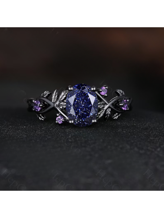 Vintage Blue Sandstone Engagement Ring,Oval Cut Gems,Amethyst ring, black gold,Wedding Band,Unique Women Bridal Promise Ring,Customized Gift