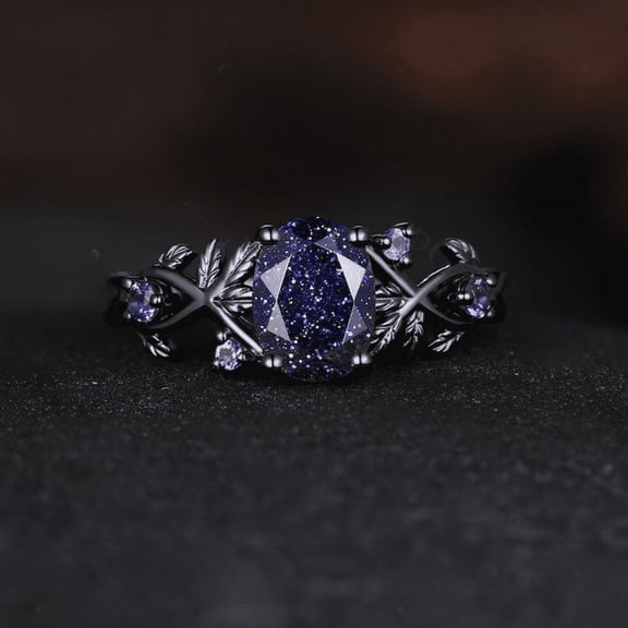 Vintage Blue Sandstone Engagement Ring,Oval Cut Gems,Amethyst ring, black gold,Wedding Band,Unique Women Bridal Promise Ring,Customized Gift