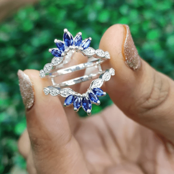 Vintage Blue Sapphire & Diamond Wedding Engagement Ring Guard Wrap Band