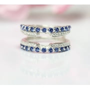 KARA JEWEL Vintage Blue Sapphire & White Diamond Ring Enhancer in 925 Sterling Silver - Engagement Wrap ring guard - Gift For Her