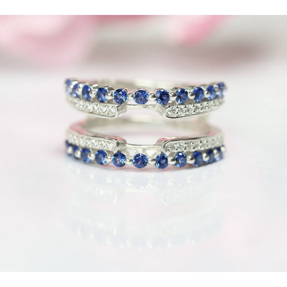 Vintage Blue Sapphire & White Diamond Ring Enhancer in 925 Sterling Silver - Engagement Wrap ring guard - Gift For Her