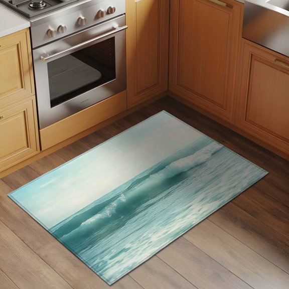 Vintage Blue Sea Sky 2x3 Rug for Entryway Front Door Kitchen Sink Area, Gradient Ocean Waves Landscape Low Pile Washable Non Slip Rectangle Area Rug
