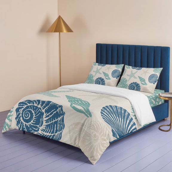 Vintage Blue Seashell Green Coral Starfish Queen Size Bed Set,Underwear World Bedding for All Seasons,4 Pcs Bed Set,1 Quiltcover (90"x90"),1 Sheet (90"x102"),2 Pillowcases (20"x30")