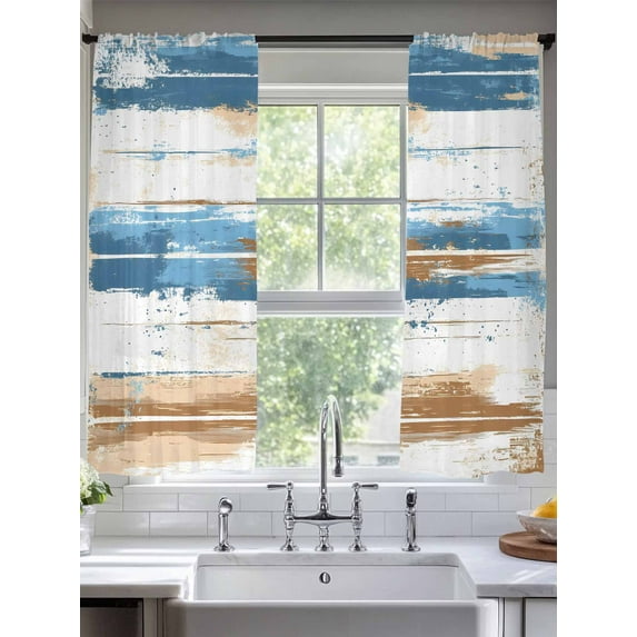 Vintage Blue Sheer Curtains 63 Inches Long 2 Panels Brown Wood Grain Mottled Texture Abstract Art Light Filtering Semi Sheer Window Curtains Drapes for Bedroom Living Room 52"x63"