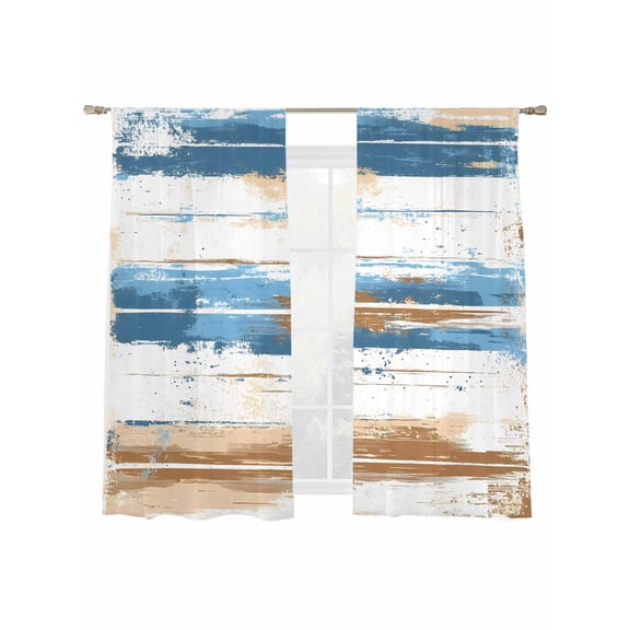 Vintage Blue Sheer Curtains for Living Room Bedroom, Light-filtering Sheer Curtain, Brown Wood Grain Mottled Texture Abstract Art Rod Pocket Voile Window Treatment Drapes, 52’’Wx72’’L, 2 Panels Set