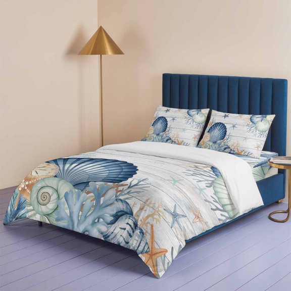 Vintage Blue Shells Starfish Queen Size Bed Set,Coral on Wood Board Bedding for All Seasons,4 Pcs Bed Set,1 Quiltcover (90"x90"),1 Sheet (90"x102"),2 Pillowcases (20"x30")