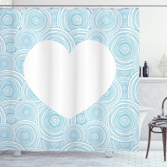 Vintage Blue Shower Curtain, Randomly Nested Concentric Circles Pattern with a Blank Heart Icon, Fabric Bathroom Set with Hooks, 69W X 75L Inches Long, Pale Blue and White, by Ambesonne