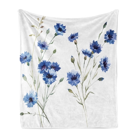 Vintage Blue Soft Flannel Fleece Blanket, Bundles of Blue Carniation Flowers with Tiny Buds Watercolor Design, Cozy Plush for Indoor and Outdoor Use, 50" x 70", Violet Blue and Khaki, by Ambesonne