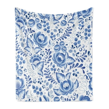 Vintage Blue Soft Flannel Fleece Blanket, Chinese Style Traditional Motif Floral Pattern with Berries Leaves, Cozy Plush for Indoor and Outdoor Use, 50" x 60", Cobalt Blue and White, by Ambesonne