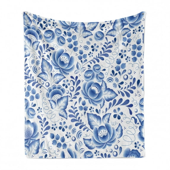 Vintage Blue Soft Flannel Fleece Blanket, Chinese Style Traditional Motif Floral Pattern with Berries Leaves, Cozy Plush for Indoor and Outdoor Use, 60" x 80", Cobalt Blue and White, by Ambesonne