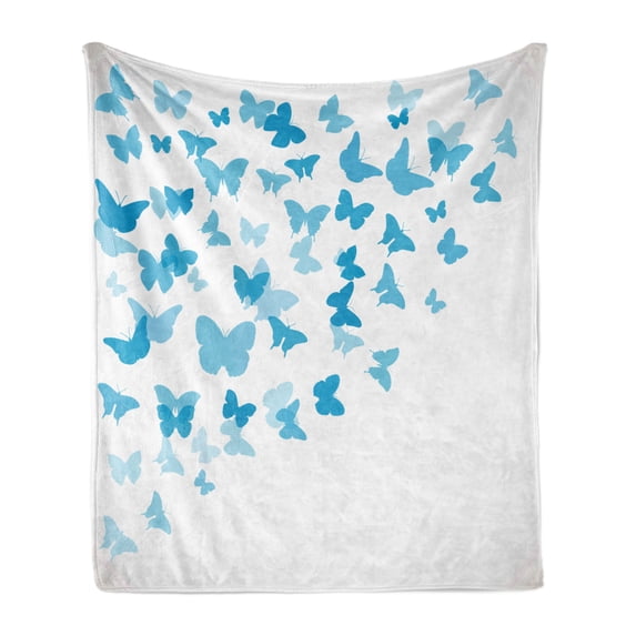 Vintage Blue Soft Flannel Fleece Blanket, Diagonally Flying Flock of Butterflies Swallowtail and Birdwings, Cozy Plush for Indoor and Outdoor Use, 70" x 90", Baby Blue and Azure Blue, by Ambesonne