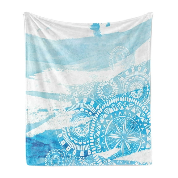 Vintage Blue Soft Flannel Fleece Throw Blanket, Lace Inspired Oriental Design with Watercolor Brush Strokes Pattern, Cozy Plush for Indoor and Outdoor Use, 50" x 60", Blue and Baby Blue, by Ambesonne