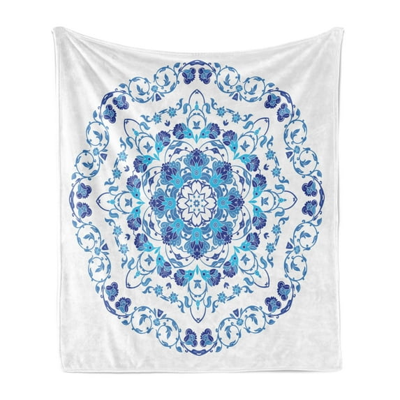 Vintage Blue Soft Flannel Fleece Throw Blanket, Rich Floral Ornamental Round Motif with Vintage Oriental Design, Cozy Plush for Indoor and Outdoor Use, 50" x 60", Sky Blue and Dark Blue, by Ambesonne