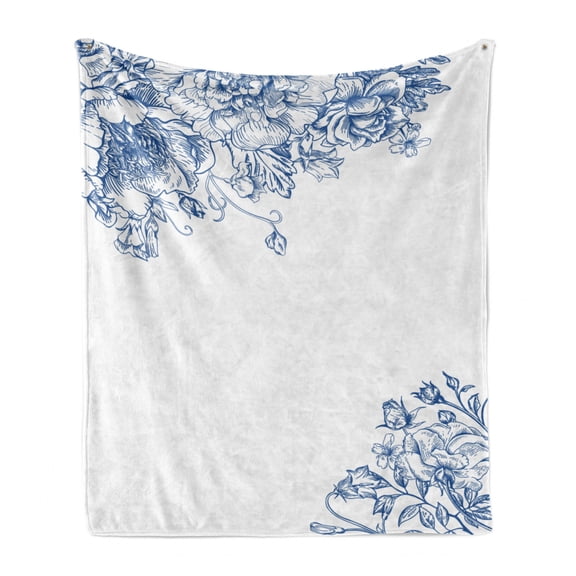 Vintage Blue Soft Flannel Fleece Throw Blanket, Vintage Style Floral Design with Peony Blossoms Buds and Roses, Cozy Plush for Indoor and Outdoor Use, 50" x 70", Cobalt Blue and White, by Ambesonne