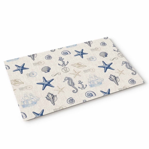 Vintage Blue Starfish Door Mat Seahorse Shell Conch Nautical Ship Anchor Non Slip Absorbent Entrance Mat Washable Low Profile Indoor Doormat for Front Door Entryway Entry 16"x24"