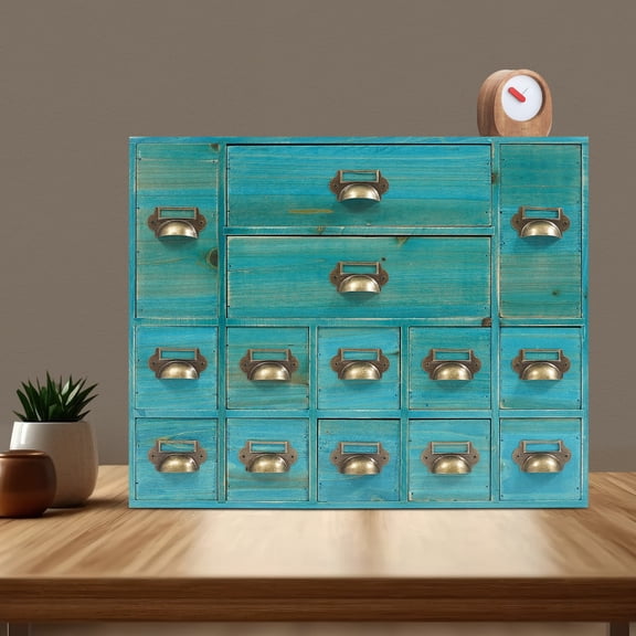Vintage Blue Storage Cabinet with 14 Drawers, for Herbs, Office & Kitchen Organization