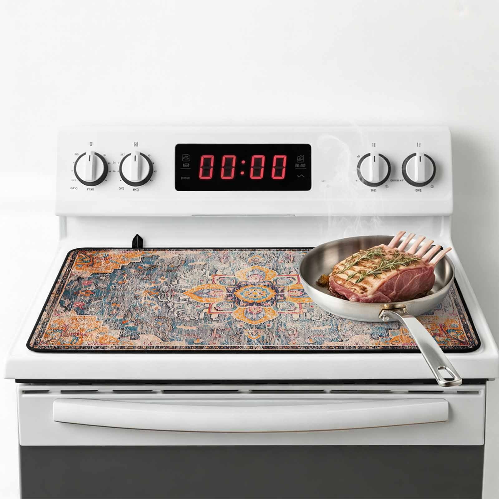 Vintage Blue Stove Top Cover for Electric Stove, Heat-proof & Non Slip Glass Top Stove Cover Protector, Ethnic Middle Century Geometric Abstract Kitchen Flat Cooktop Rubber Mat 24x21 Inches