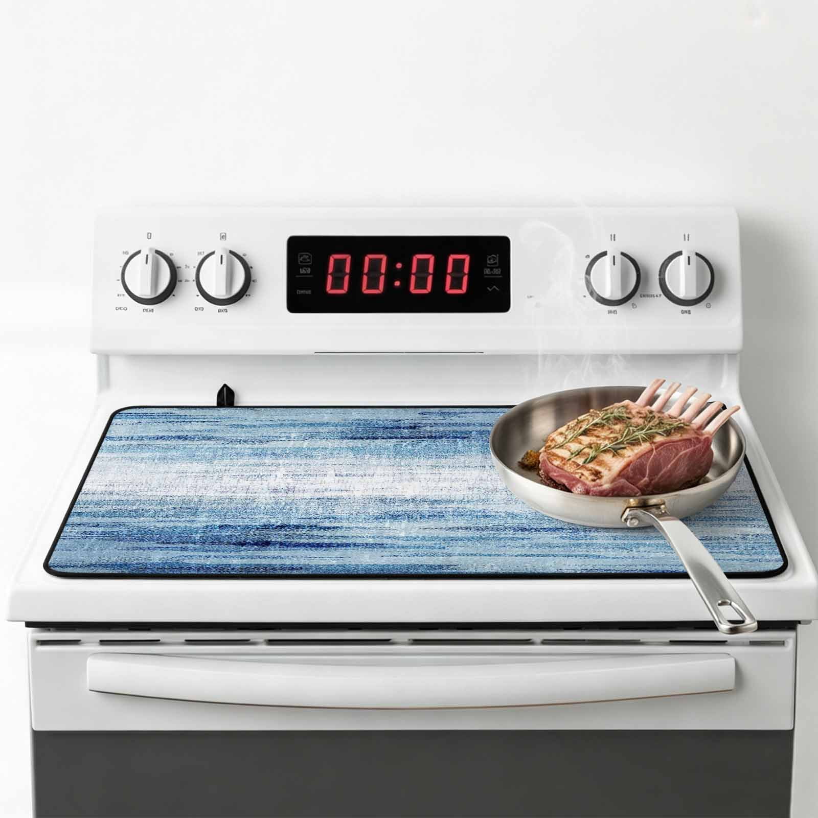 Vintage Blue Stove Top Cover for Electric Stove, Heat-proof & Non Slip Glass Top Stove Cover Protector, Retro Blue Ombre Modern Abstract Art Kitchen Flat Cooktop Rubber Mat 24x21 Inches