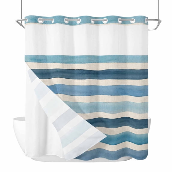 Vintage Blue Striped No Hook Shower Curtain with Snap in Liner, Waterproof Fabric Shower Curtains, Farmhouse Stripes Retro Art Shower Curtain Set Top See Through for Bathroom 72"x78"