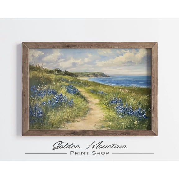 Vintage Blue Summer Floral Landscape Flower Field Beach Print Spring Farmhouse Wall Art Summer Sea Wildflower Art Style 1137