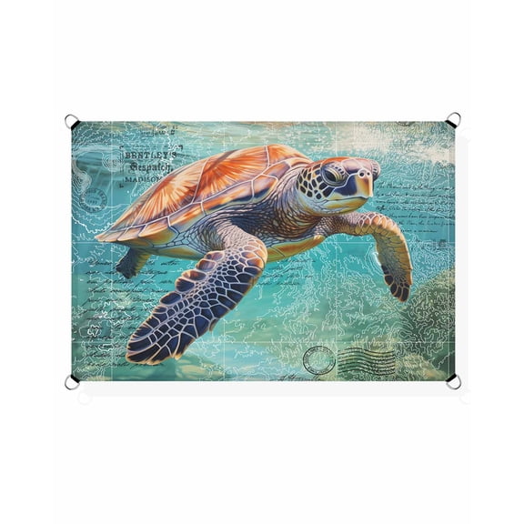 Vintage Blue Sun Shade Sail 12'X16' Ocean Abstract Sea Turtle Map UV Block Outdoor Sail Shades Breathable Waterproof Rectangular Sunshade for Patio Garden Pool Pergola Porch