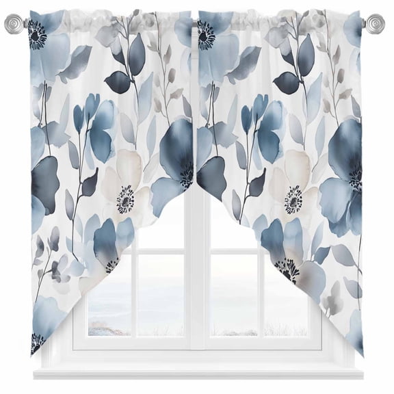 Vintage Blue Swag Curtain Valance for Windows, Brown Watercolor Flowers Petals Abstract Art Window Treatments Short Swag Topper for Kitchen Windows Bathroom Bedroom, 28"x36"