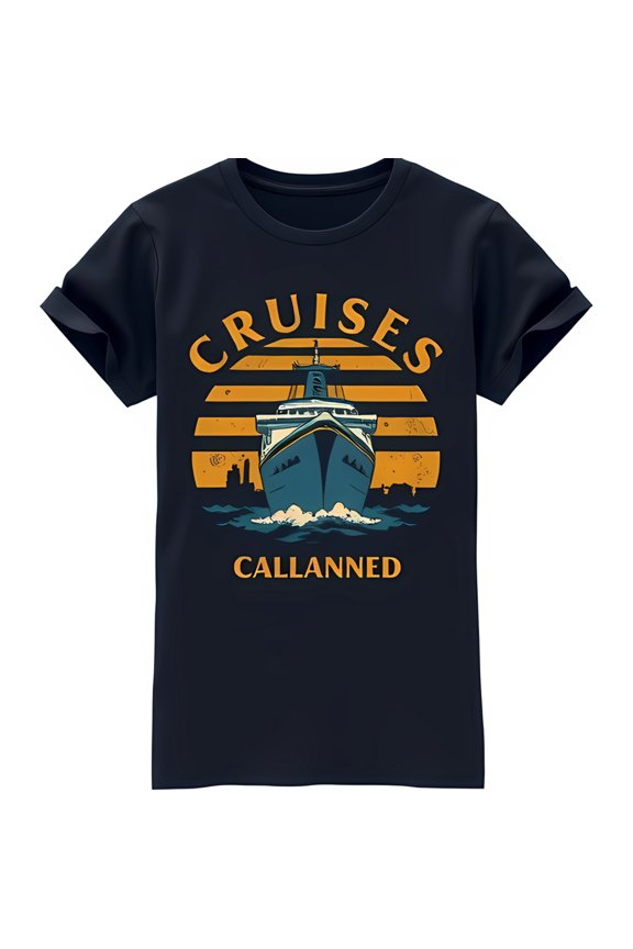 Vintage Blue T-Shirt with Sunset Cruise Ship Graphic ' Callanned' Design