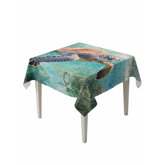 Vintage Blue Table Cloth 60x60 Inch Square, Ocean Abstract Sea Turtle Map Waterproof Tablecloth Washable Table Cover for Party Picnic Dinner Decor