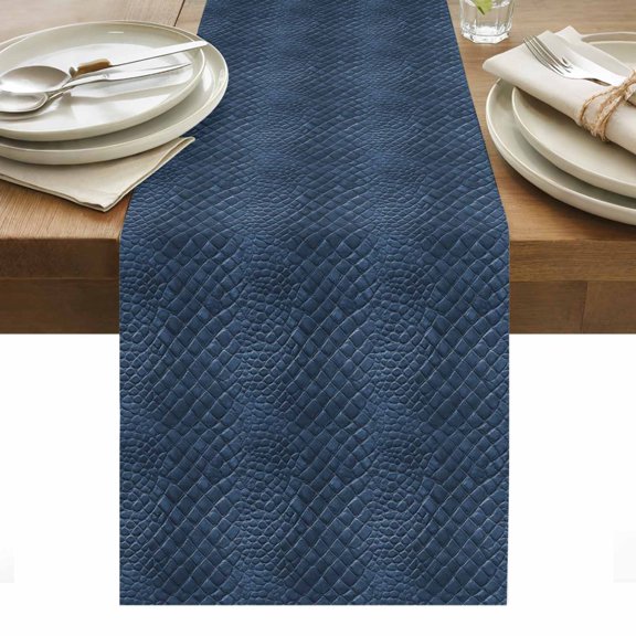Vintage Blue Table Runner 13 x 70 Inch, Retro Classic Art Blue Faux Leather Animal Leather Washable Cotton Linen Dining Table Runner Tabletop Decorations for Restaurant Home Kitchen Party