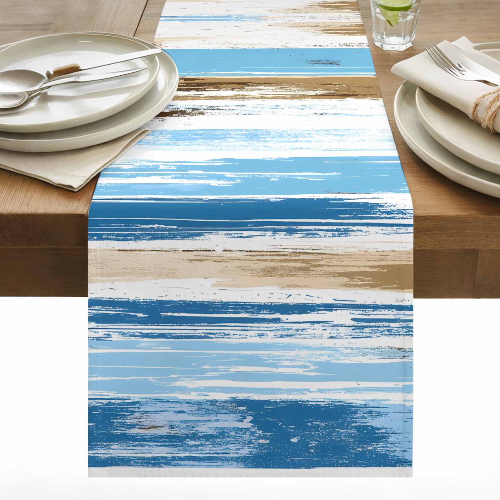 Vintage Blue Table Runner 13x72 inch Brown Wood Grain Abstract Oil ...