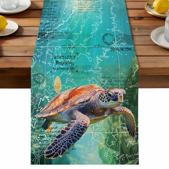 Vintage Blue Table Runner, Ocean Abstract Sea Turtle Map Cotton Linen Table Cloth, Tablerunner for Kitchen Dining Party Wedding Home Decor 13x36 Inch