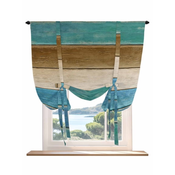 Vintage Blue Teal Brown Tie Up Curtains for Windows 63 Inch Length Balloon Curtains Kitchen Adjustable Balloon Window Shade Farmhouse Wooden Art Retro Tie Up Valance Bathroom Curtain Window 46"x63"