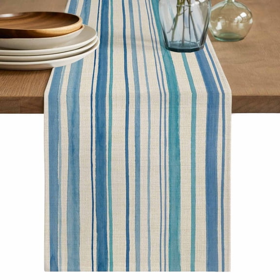 Vintage Blue Teal Striped Table Runner, Farmhouse Stripes Retro Art Washable Cotton Linen Table Runners 36 Inches Long, Dresser Scarf Runner for Nightstand/End Tables/Round Tables 13''x36''