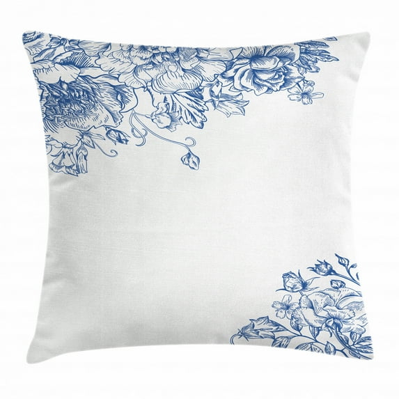 Vintage Blue Throw Pillow Cushion Cover, Vintage Style Floral Design with Peony Blossoms Buds and Roses, Decorative Square Accent Pillow Case, 18 X 18 Inches, Cobalt Blue and White, by Ambesonne