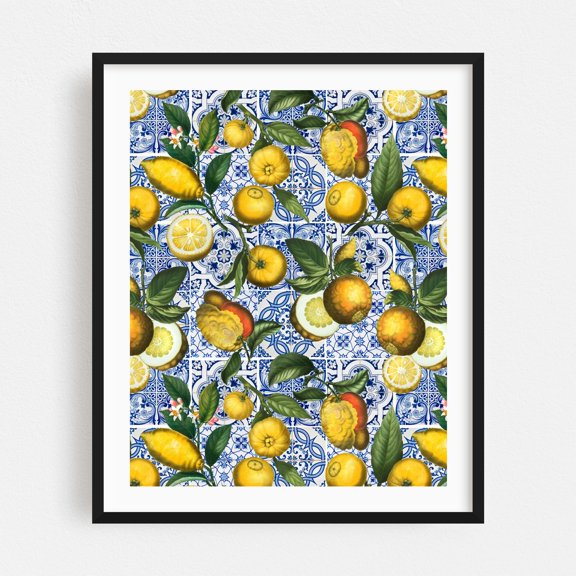 Vintage Blue Tiles And Lemons - Collage Lemon Mediterranean Kitchen Decor Fruit Pattern Botanical Floral Black Framed Wall Art Print 6 x 8 inches