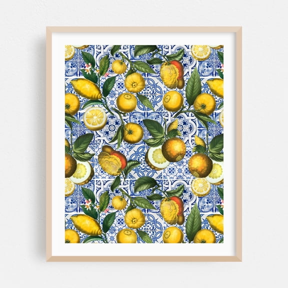 Vintage Blue Tiles And Lemons - Collage Lemon Mediterranean Kitchen Decor Fruit Pattern Botanical Floral Oak Framed Wall Art Print 11 x 14 inches