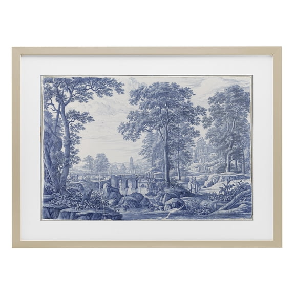 Vintage Blue Tinted Toile Birch Framed Print Under Glass, design by Vintage Hustle