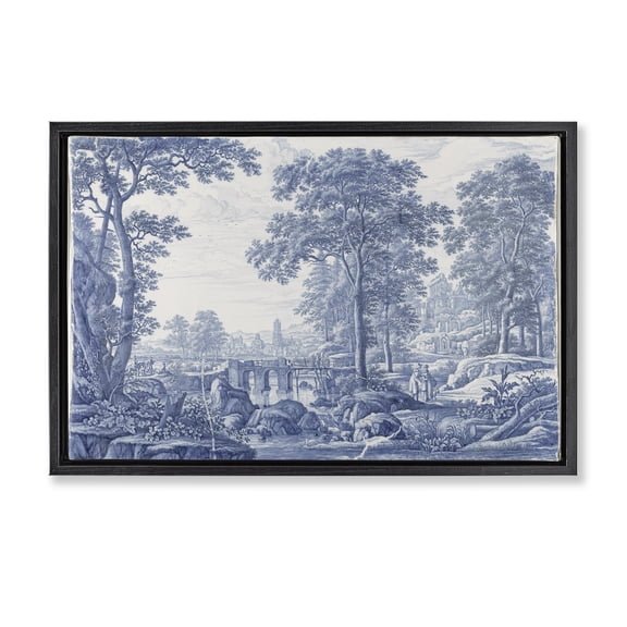 Vintage Blue Tinted Toile Black Framed Floater Canvas Wall Art, design by Vintage Hustle