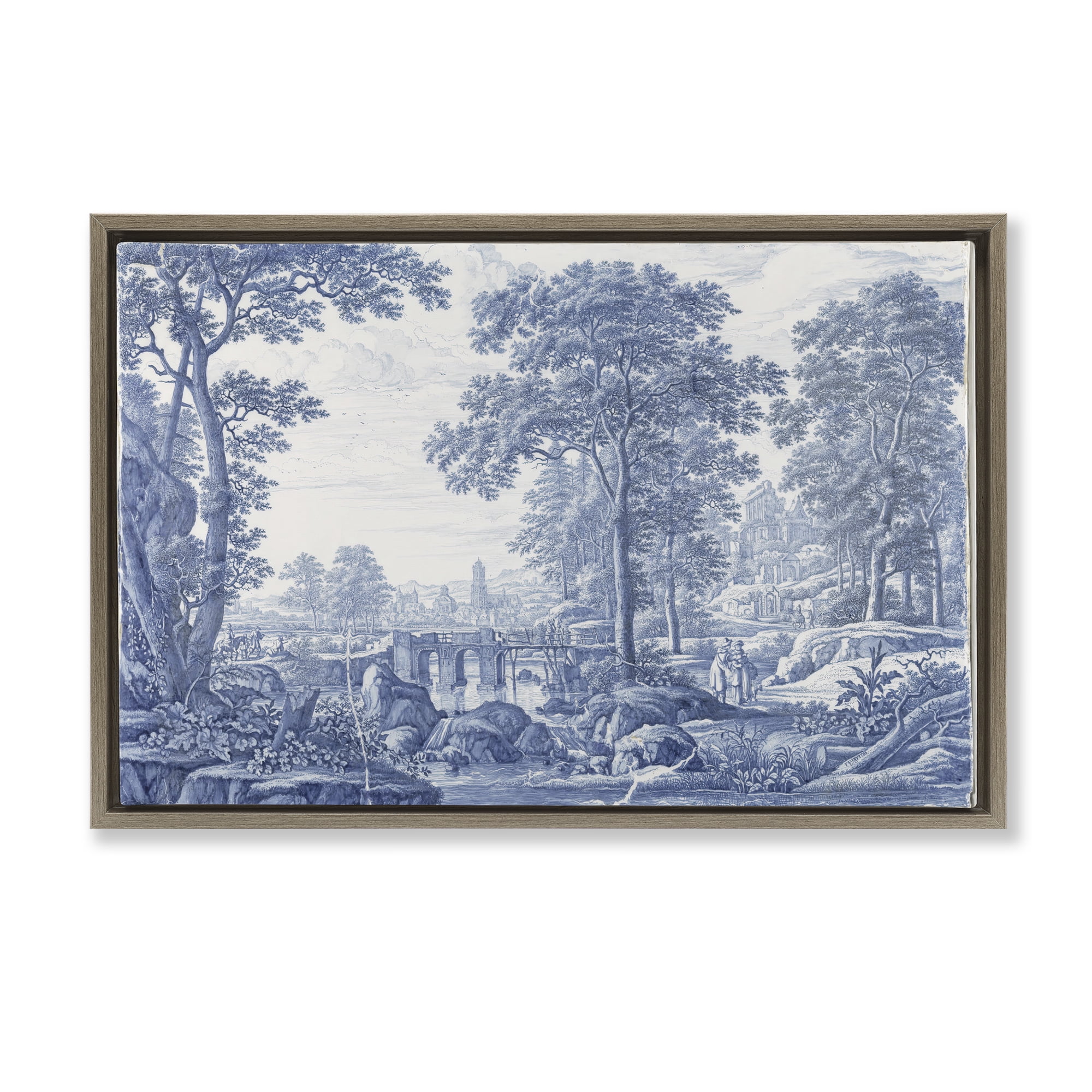 Vintage Blue Tinted Toile Brown Framed Floater Canvas Wall Art, design by Vintage Hustle