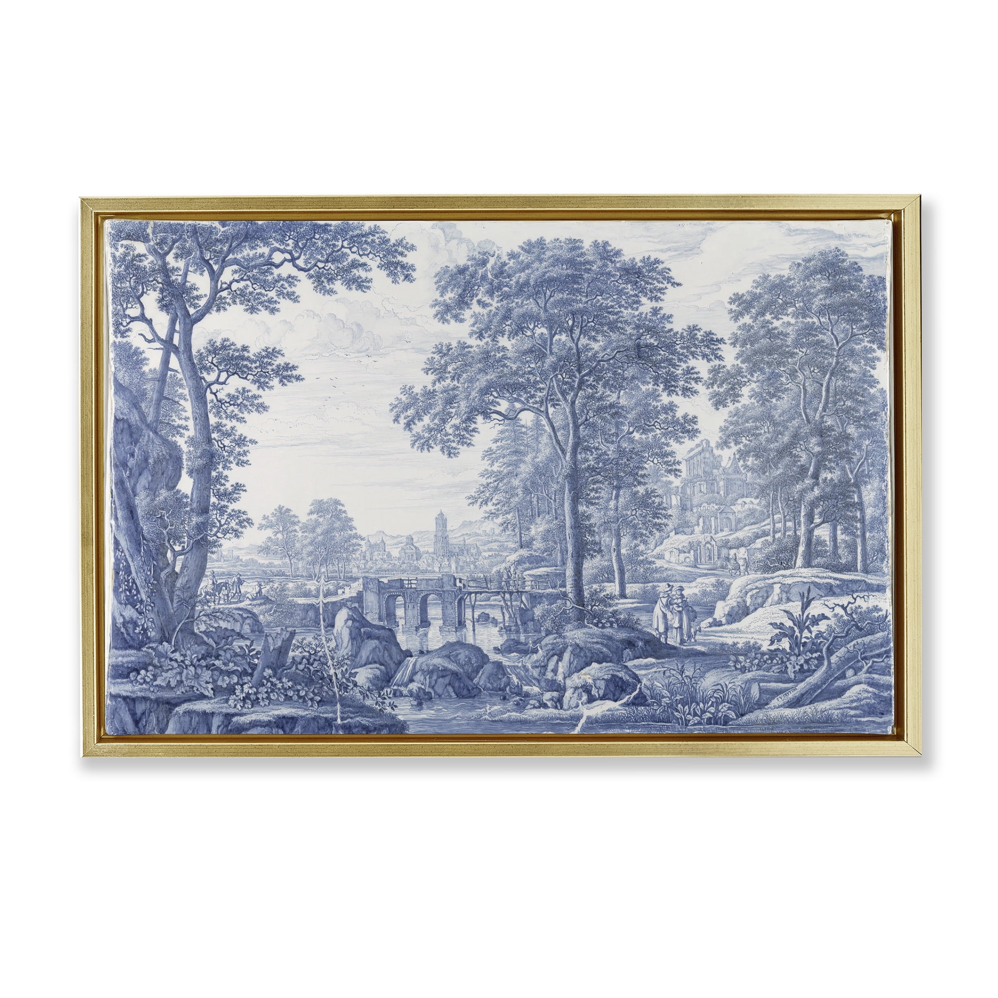 Vintage Blue Tinted Toile Gold Framed Floater Canvas Wall Art, design by Vintage Hustle
