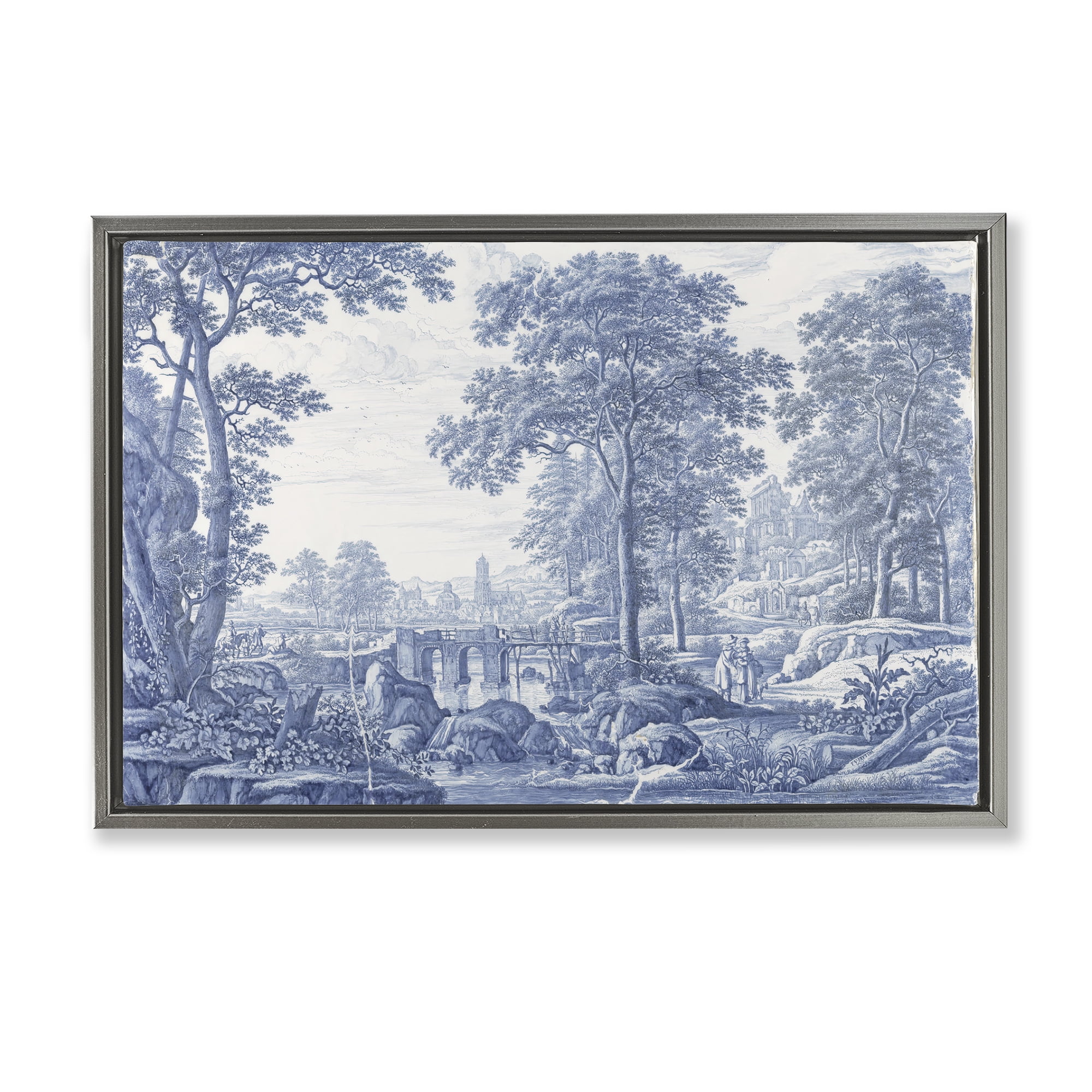 Vintage Blue Tinted Toile Gray Framed Floater Canvas Wall Art, design by Vintage Hustle