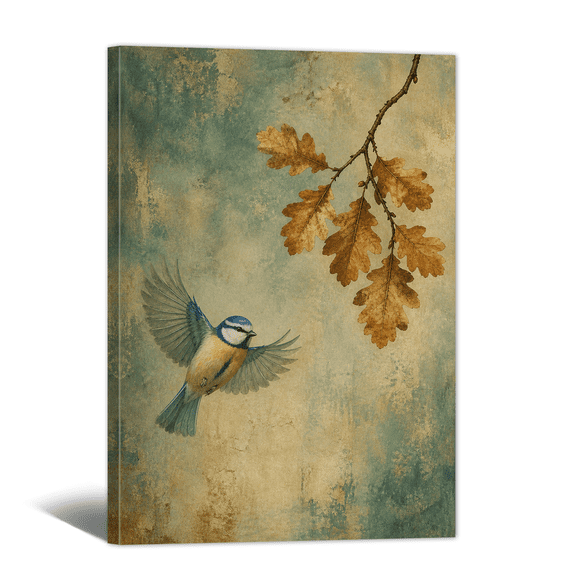 Vintage Blue Tit Canvas Wall Art Rustic Flora and Fauna Scene Picture Print, Neutral Serene Artwork Nature Oak Branch Painting for Bathroom, Home, Living room Decor