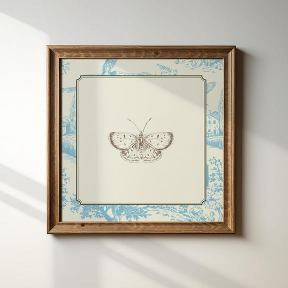 Vintage Blue Toile Butterfly Print, Trendy Decor, Botanical Living Room Art, Cottage, Nursery Wall Art, Modern Wall Decor, 16x16 UNFRAMED